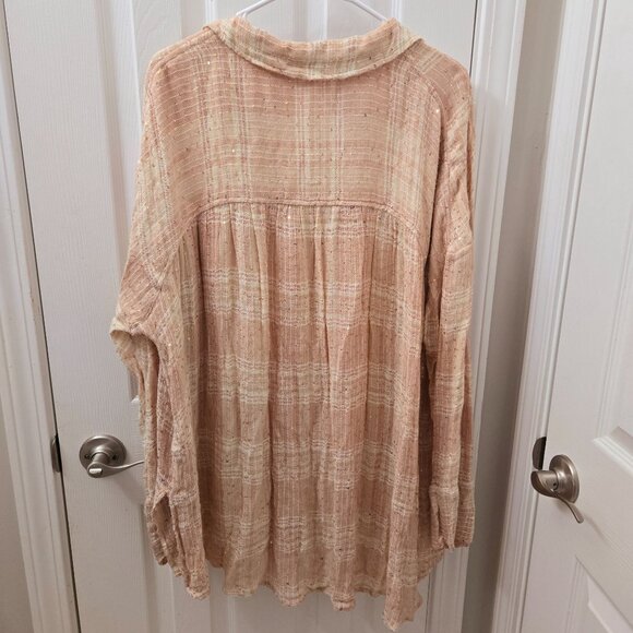 Free People Button up Shirt Large Bohemian Beige Peach Metallic Sequin Blouse - Picture 2 of 10